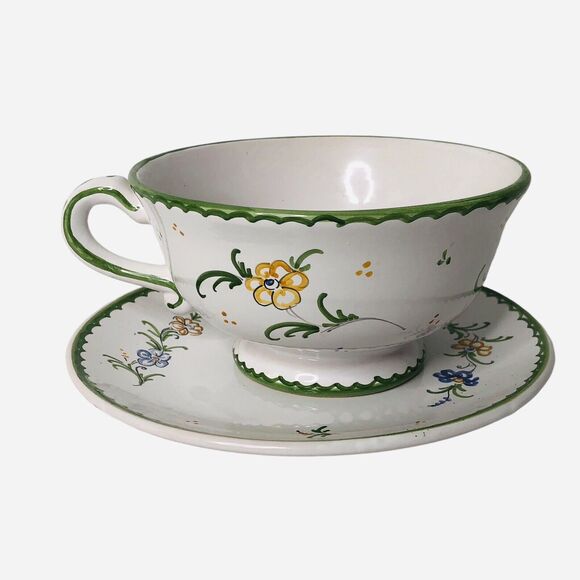 French Pottery Cup and Saucer Hand Painted Birds Signed Atelier du Chateau Set 2 - Picture 2 of 14